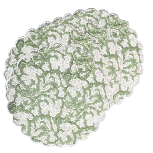 "Ridhi Bo-ho Round Place Mat Double Layer Floral Cotton Washable Placemats 15"" Round Embroidery Block Print Table Mat (Pack of 4-15 Inch Round, Sage Green)"
