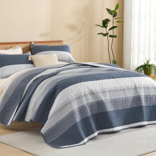 "Litanika California King Quilt, 3 Pcs Navy Blue Stripe Bedding Set - Summer Bedspread with 2 Shams,Lightweight Coverlet for All Season (112""x104"")"