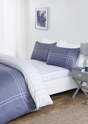 Rapport home Single Blue Checkered Duvet Cover Set - Soft Microfibre Bedding with Fitted Sheet & Pillowcase - Easy Care Gingham Design