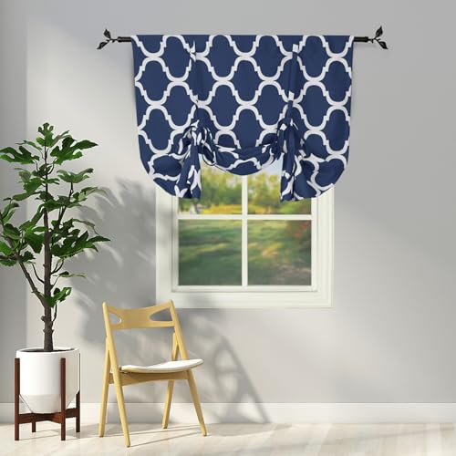 Melodieux Moroccan Tie Up Shade Thermal Insulated Room Darkening Blackout Rod Pocket Curtain for Small Window, 42 by 63 Inch, Navy Blue (1 Panel)