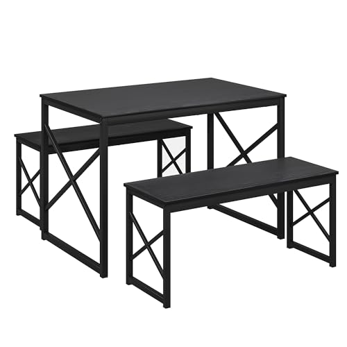 VECELO Dining Table Set with 2 Benches, Space-Saving Kitchen Table Furniture Set for 4 People Small Space, Sturdy Metal Frame Industrial Design, Black