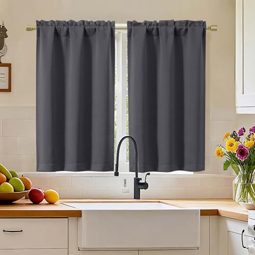 "Simplebrand Grey Blackout Curtains 45 inch Length 2 Panels, Thermal Insulating Energy Saving Tiers Drapes with Rod Pocket, Small Window Drapes Black Out Bathroom Laundry Room RV, Each 30"" Wx45 L"
