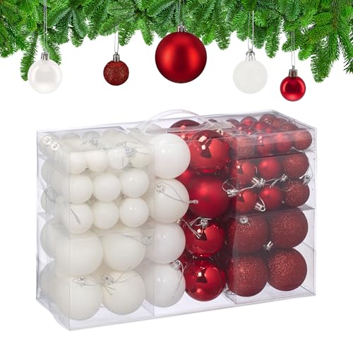Relaxdays Christmas Baubles, Set of 100, Tree Ornaments, ∅ 3, 4 & 6 cm, Decorations, Glittery, Matte & Shiny, Red/White