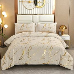 "WONGS BEDDING - Shiny Metallic Gold and Khaki Marble Print Duvet Cover Set Queen Size, 2 Pillow Cases, Soft Microfiber Fill, 90"" x 90"""
