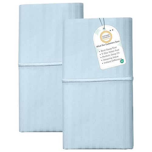 Feather & Stitch 100% Cotton King Pillow Covers Set of 2, 500TC Envelope Closure Pillowcases, Soft Luxury Damask Stripe Sateen Weave Pillow Case for Sleeping, 20x40 Inches - Aqua