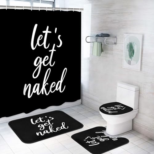 ArtSocket 4PC Shower Curtain Set with Rugs, Let's Get Naked Bathroom Set with Non-Slip Rug, Toilet Lid Cover, Bath Mat and 12 Hooks 72x72 inches