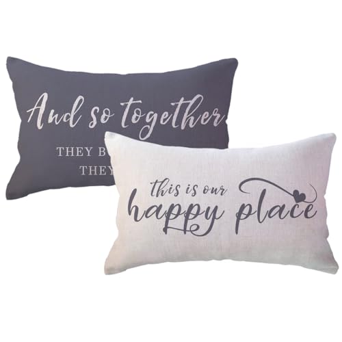 "ULOVE LOVE YOURSELF Home Saying Throw Pillow Covers with Our Happy Place Quote Rustic Farmhouse Decor Lumbar Pillow Cases 12"" x 20"",2Pack Housewarming Gifts for Sofa/Couch/Porch (Grey)"