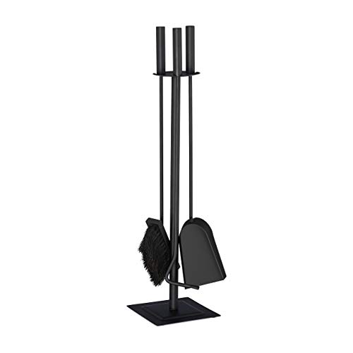 Relaxdays 4-Piece Fireplace Companion Tool Set Shovel, Brush, Poker & Holder, Modern Design, Black