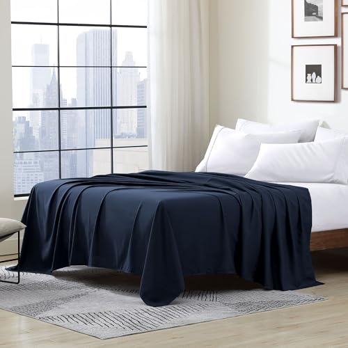 Cathay Luxury Silky Soft Polyester Single Flat Sheet, Queen Size, Navy Blue