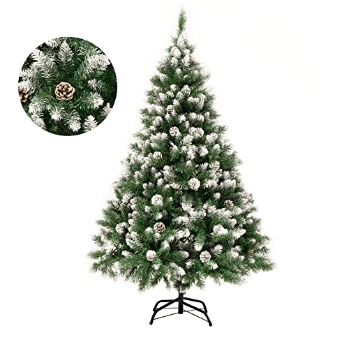 GIGALUMI Artificial Christmas Tree with Snow Effect 150 cm 760 Tips Christmas Tree with Snowy Branches and Pine Cones Including Metal Stand