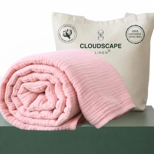 Cloud Scape Linen Cotton Blanket for Bed Soft Large 4 Layer Muslin Bed Blankets Lightweight Breathable Blanket All Season Gauze Blanket (Seashell Pink, Queen)