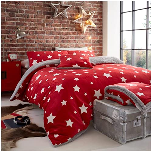 GC GAVENO CAVAILIA Premium Teddy Fleece Star Duvet Cover, Fluffy Fitted Sheet Soft Warm & Cosy Quilt Bedding Set, King, Red 655275