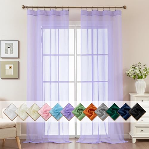 "ABLUEN Purple Sheer Curtains 96 Inches Long, Privacy Semi Sheer Curtains for Living Room Bedroom, Light Filtering Rod Pocket Voile Window Drapes 2 Panels Set, Each 42"" W x 96"" L"