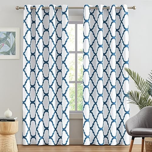 Melodieux Moroccan Printed Room Darkening Blackout Grommet Curtains for Living Room Bedroom, 52 by 96 Inch, Off White/Royal Blue (2 Panels)
