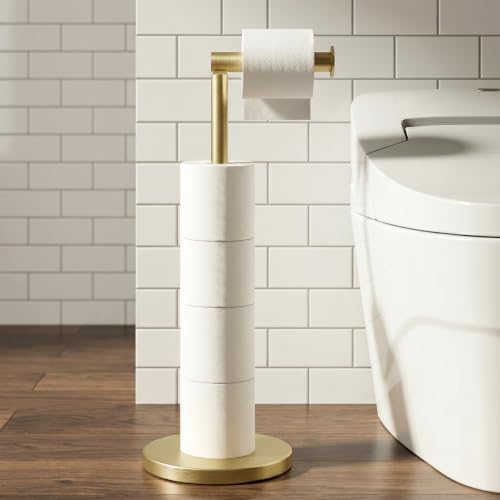 Cesun Toilet Paper Holder Stand Free Standing, Gold Toilet Paper Storage with Heavy Weighted Base, Bathroom Stainless Steel Toilet Paper Roll Holder, Non-Slip, Gold