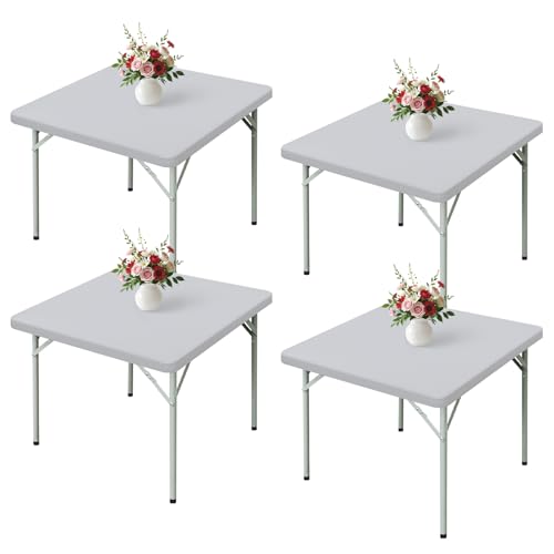 Wolkemer 4 Pack Fitted Square Tablecloth 34x34 Inch Elastic Table Cloth - Silver Spandex Stretch Table Cover, Machine Washable Table Cloth, Topper Cap for Wedding Party Picnic Dining Indoor Outdoor