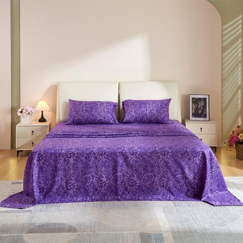 KACEMOO Bed Sheets Full Size Purple Paisley Sheets Printed Floral Sheet Set Flower Pattern Deep Pocket Fitted Bed Sheet Set Microfiber Soft Breathable 1800 Thread Count Double Bedding Set