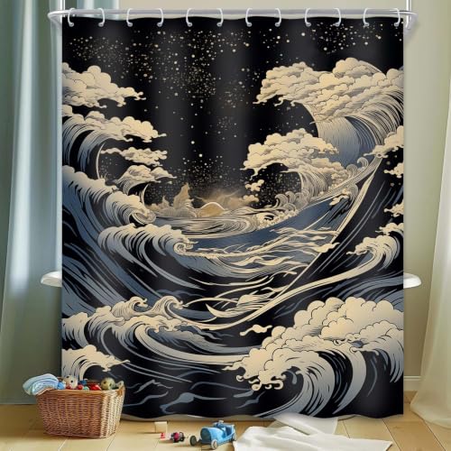 DLTAY Anime Great Waves Shower Curtain, 60x72 in - Japanese Theme, Great Waves Pattern Design, Masculine Bathroom Decor, Waterproof Polyester Fabric, Plastic Hooks