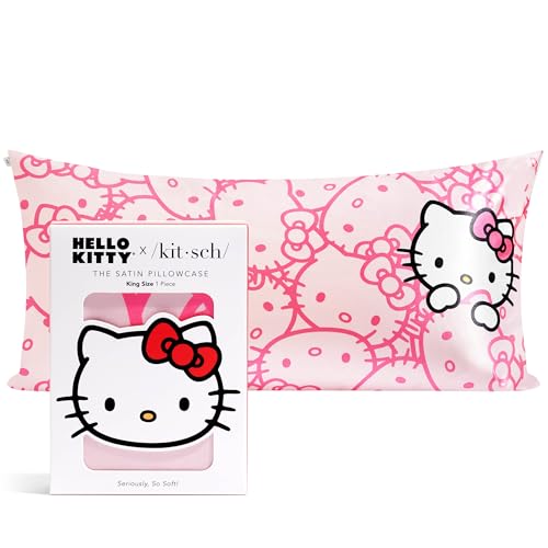 "Kitsch x Hello Kitty Satin Pillowcase with Zipper for Hair, Softer Than Silk Pillow Cases King, Cooling Pillow Covers, Machine Washable Wrinkle-Free, Satin Pillow Cases King 19""x36"", Pink Kitty Faces"