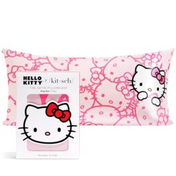 "Kitsch x Hello Kitty Satin Pillowcase with Zipper for Hair, Softer Than Silk Pillow Cases King, Cooling Pillow Covers, Machine Washable Wrinkle-Free, Satin Pillow Cases King 19""x36"", Pink Kitty Faces"