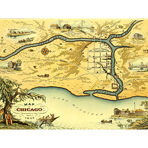 Conley 1833 Map Chicago Illionis Pictorial Chart Large Wall Art Print Canvas Premium Mural