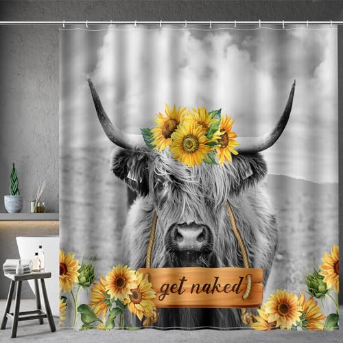 "Aimego Highland Cow Shower Curtain - Farmhouse Sunflower Rustic Western Country Get Naked Funny Cute Fabric Cloth Bath Shower Curtain Set with 12 Hooks for Bathroom Decor Accessories, 72""x72"""