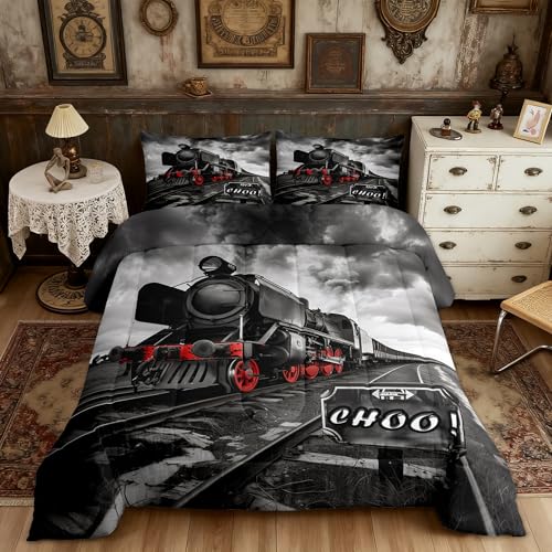 Castle Fairy Retro Kids Comforter Set - Full Size, Black & Red Train Car Bedding Set - Vintage 3D Train Duvet Insert, 2 Pillowcases
