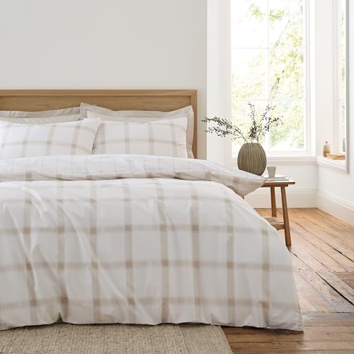 Bianca Oxton Check 200 Thread Count Cotton Reversible Single Duvet Cover Set with Pillowcase Natural