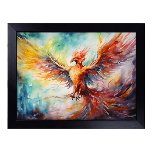 Lap Tray with Bean Bag Cushion, Phoenix Watercolour - Handmade in the UK, Raised Wooden Edge, Padded Cushion, Heat-Resistant Wipe-Clean Surface, for Meals, Laptops and Crafts