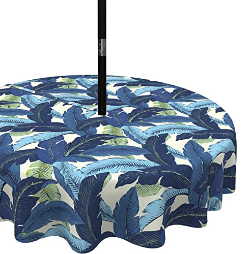 LVTXIII Outdoor Tablecloth with Umbrella Hole and Zipper, 60 Inch Water-Repellent Patio Table Cloth, Round Table Covers for Backyard Garden, Swaying Palms Blue