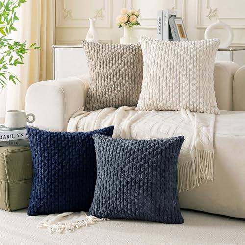 Cozoomy Set of 4 Navy White Taupe Decorative Throw Pillow Covers 24x24 Inch Corduroy Pillow Covers for Bed Couch Sofa Living Room Soft Square Cushion Cases