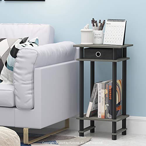 Furinno TURN-N-TUBE Side Table Set of 2, 3-Tier Tall Narrow Modern End Table with Storage Bin, Open Shelf Night Stand, Bedside Table, for Living Room, Bedroom, Grey Oak