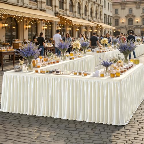 17ft Length Satin Ivory Table Skirt Rectangle Tables, Wrinkle Resistant Ruffle Table Skirting Glitter Teacher Desk Cover Skirt for Dorm Office Birthday Party Wedding Buffet Displays Trade Shows