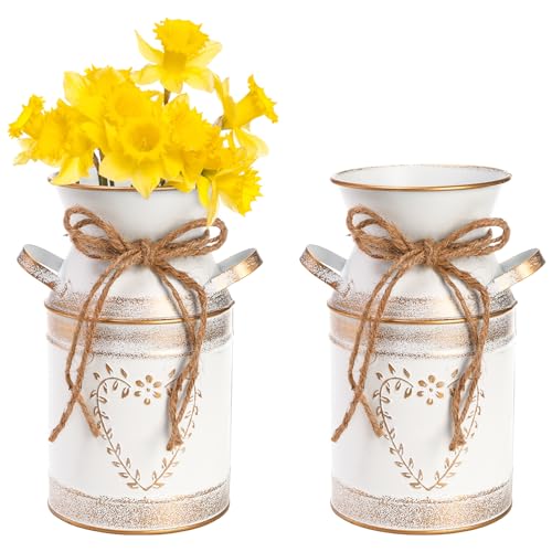 Hacaroa 2 Pack Metal Milk Can Rustic Galvanized Vase, 7.5 Inch/19 cm Shabby Chic Can Jug with Handle, Primitive Decorative Flower Vase Mini Pitcher for Home, Living Room, Kitchen, Farmhouse Decoration