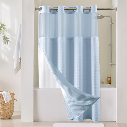 River Dream Misty Blue Fabric Shower Curtain Set, Cotton Blend, Waffle Weave, with Snap in Replacement Liner???54 x 80 inches