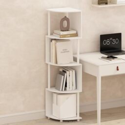 Furinno BASIC Book Shelf, 4-Tier Bookshelf, Bookcase with Zigzag Corner Shelf, 36.07 x 36.07 x 146.56 cm, for Living Room, Bedroom, Home Office, White/White