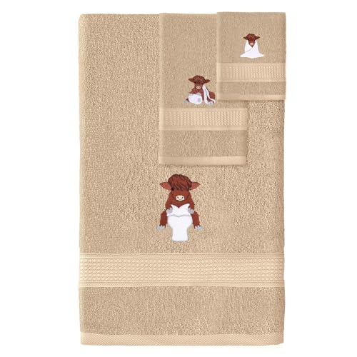 Hillsuren 3 Pcs Highland Cow Bathroom Towel Set Farmhouse Embroidered Highland Cow Towels Vintage Decorative 100% Cotton Bath Towel Highly Absorbent Funny Decor Set for Bathroom