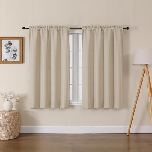 Lecloud Bessie Light Filtering Curtains 45 Inch Length 2 Panels Set, Faux Linen Weave Short Curtains with Rod Pocket, Rustic Drapes for Bedroom Basement Laundry, Each 30 W x 45 L, Linen