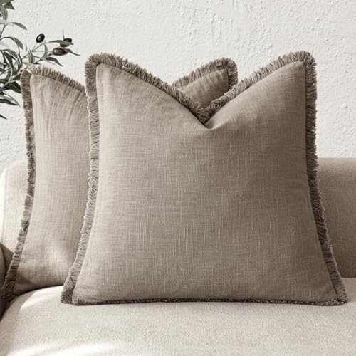 Foindtower Set of 2 Decorative Linen Fringe Throw Pillow Covers Boho Farmhouse Cushion Cover with Tassels Accent Pillowcase for Couch Chair Sofa Bed Living Room Home Decor,22??22 Inch,Brown Tan