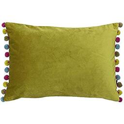 "Riva Paoletti Fiesta Rectangular Feather Filled Cushion Green-Multicoloured Pompom Edges-Faux Velvet Fabric-Discreet Zip Closure-100 Case (14"" X 20"" Inches), Polyester, Bamboo/Multi, 35 X 50cm"