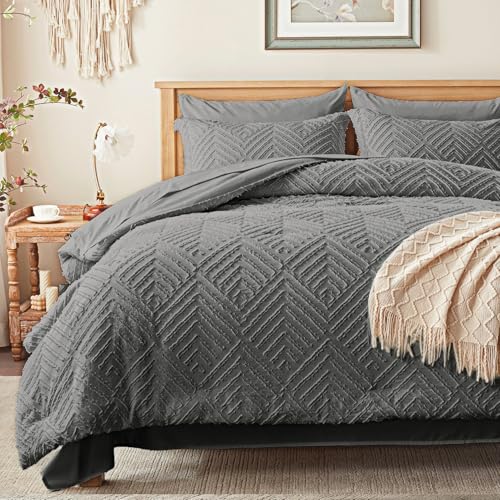 Queen Comforter Set 7 Piece, Drak Grey Bed in a Bag Queen Bedding Sets - Boho Tufted, OEKO-TEX Certified, Luxury, Lightweight, All Season, Down Alternative Comforter, Breathable sheets & pillowcases