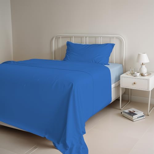 Italian Bed Linen Natural Color Bed Set (Flat 180x300, Fitted Sheet 120x200cm+Pillowcase 52x82cm), Petrol Bottle Green, 100% Cotton, Royal/Light Blue, SMALL DOUBLE