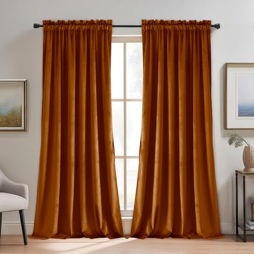 JIUZHEN Terracotta Red Velvet Curtains for Living Room -108 inches Long Rod Pocket Thermal Insulated Room Darkening Window Drapes for Bedroom, Set of 2 Panels with Tiebacks, 52 x 108 inches