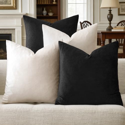 GIGIZAZA Pillow Covers 20x20 Set of 4,Black Ivory Velvet Soft Pillow Covers Decorative Square Modern Pillows Cushion Cases for Living Room
