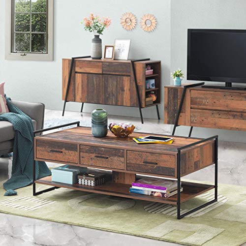 Timber Art Design UK Abbey Coffee Table with 3 Drawers Wooden Tea Table Modern Shelf Organizer Unit For Living Room, Home, Bedroom in Rustic Wood with Black Metallic Frame, H50cm x W124cm x D60cm