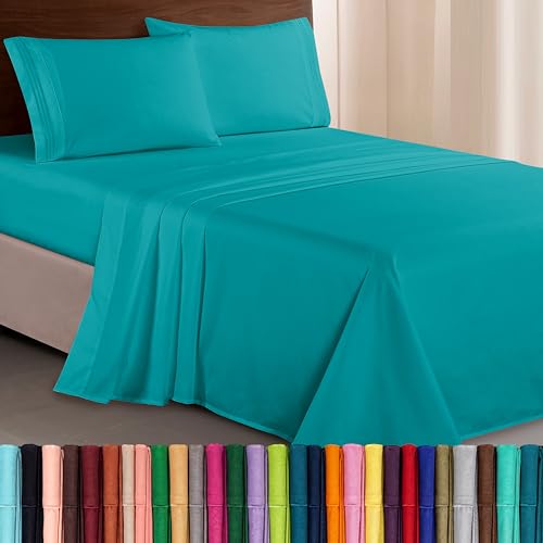 Elegant Comfort Luxurious 1500 Premium Hotel Quality Microfiber Three Line Embroidered Softest 4-Piece Bed Sheet Set, Wrinkle and Fade Resistant, Twin/Twin XL, Turquoise