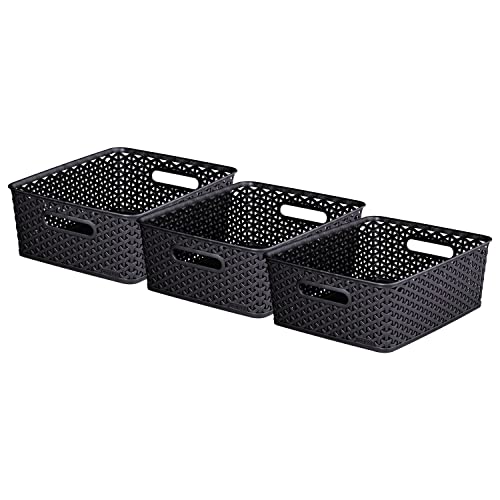 Curver My Style Rattan Effect Set of 3 Kitchen, Living room, Bathroom, Bedroom, Utility Medium Rectangular Storage Baskets 12 Litres - Anthracite, Dark Grey (L35.5cmX W29cm X H13cm)