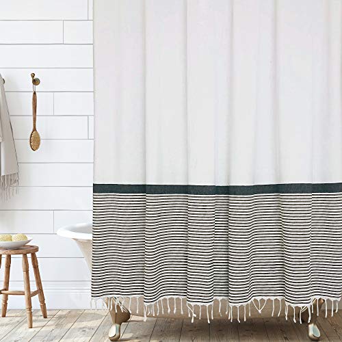 "HALL & PERRY Modern Farmhouse Tassel Shower Curtain 100% Cotton Striped Fabric Shower Curtain with Tassels for Bathroom Décor (Tan, 72""x72"")"