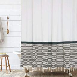 "HALL & PERRY Modern Farmhouse Tassel Shower Curtain 100% Cotton Striped Fabric Shower Curtain with Tassels for Bathroom Décor (Tan, 72""x72"")"