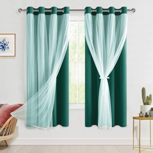 Hiasan Blackout Curtains with Sheer Overlay, Thermal Insulated Privacy Mix & Match Double Layer Window Curtains for Christmas,Girls Bedroom, 2 Drape Panels with Tiebacks, Hunter Green, 52W X 63L